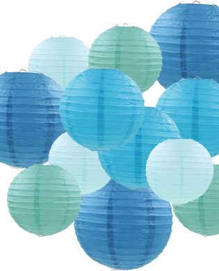 Blue Paper Lanterns 12 Pcs Assorted size of 6" 8" 10" 12" Chinese Round Paper Hanging Decorations Lanterns Lamps for Home Decorations, Parties, and Weddings